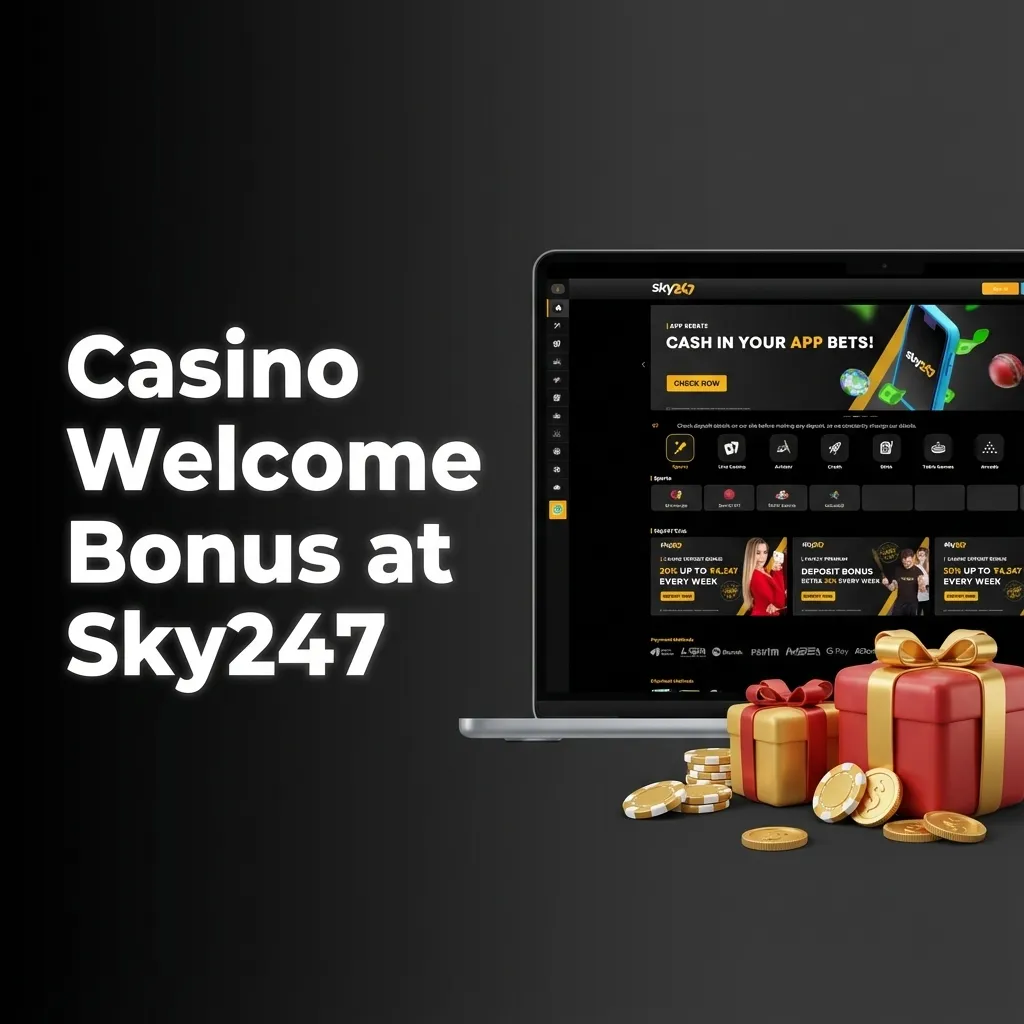 Sky247 casino welcome bonus ad highlighting 24% cashback up to ₹10,247 for new Indian players