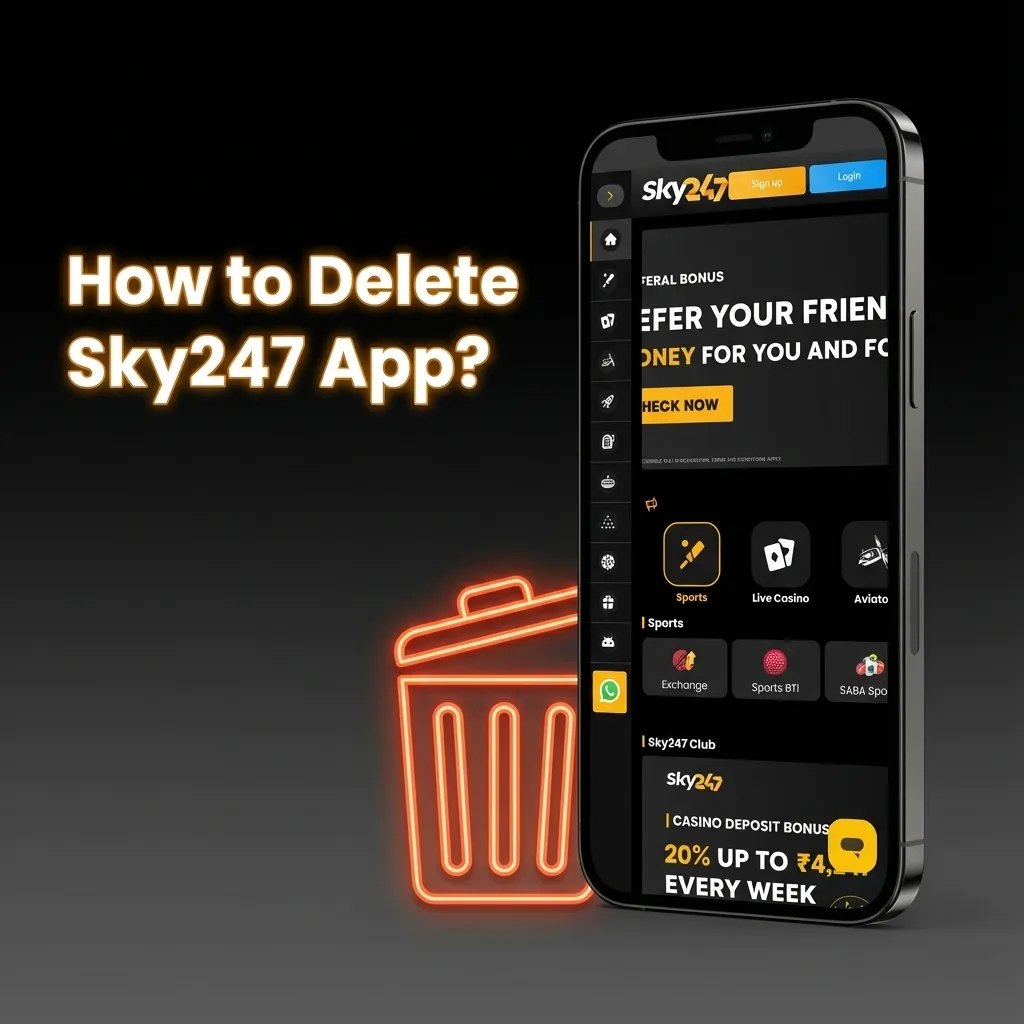 Phone screens showing Sky247 app icons being pressed and deleted on Android and iOS home screens