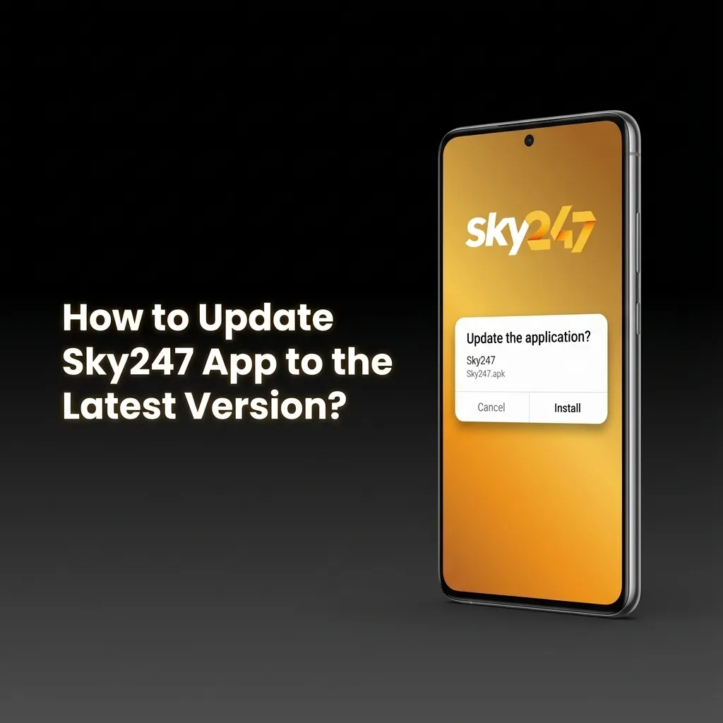 Smartphone screen showing Sky247 app update notification and step-by-step APK installation prompts for latest version