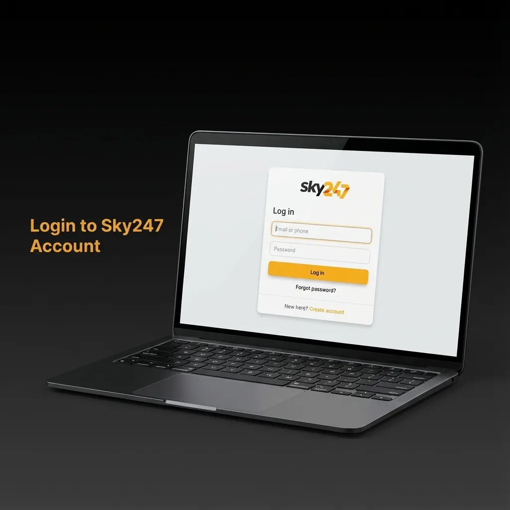 User logging into Sky247 account on a laptop, entering email, password, and OTP to continue sports betting