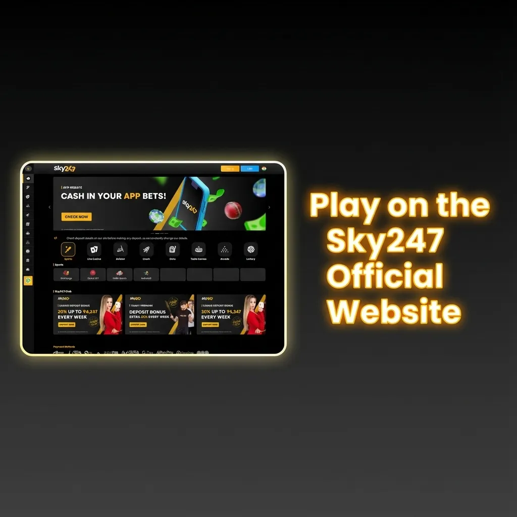 Laptop screen showing Sky247 official website with sports betting, live casino, slots, and account options in a browser