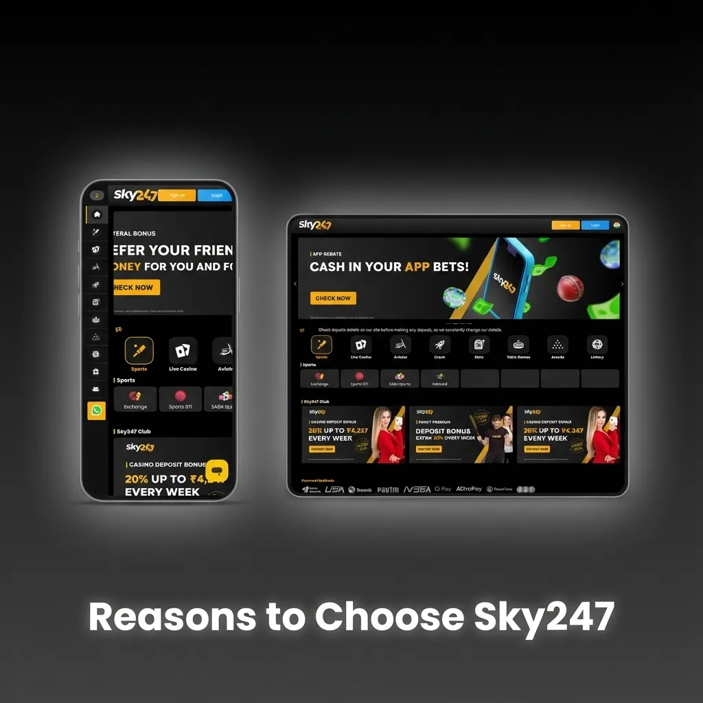 Graphic titled “Reasons to Choose Sky247” highlighting cricket betting, INR payment options, bonuses, mobile app, and safe play.