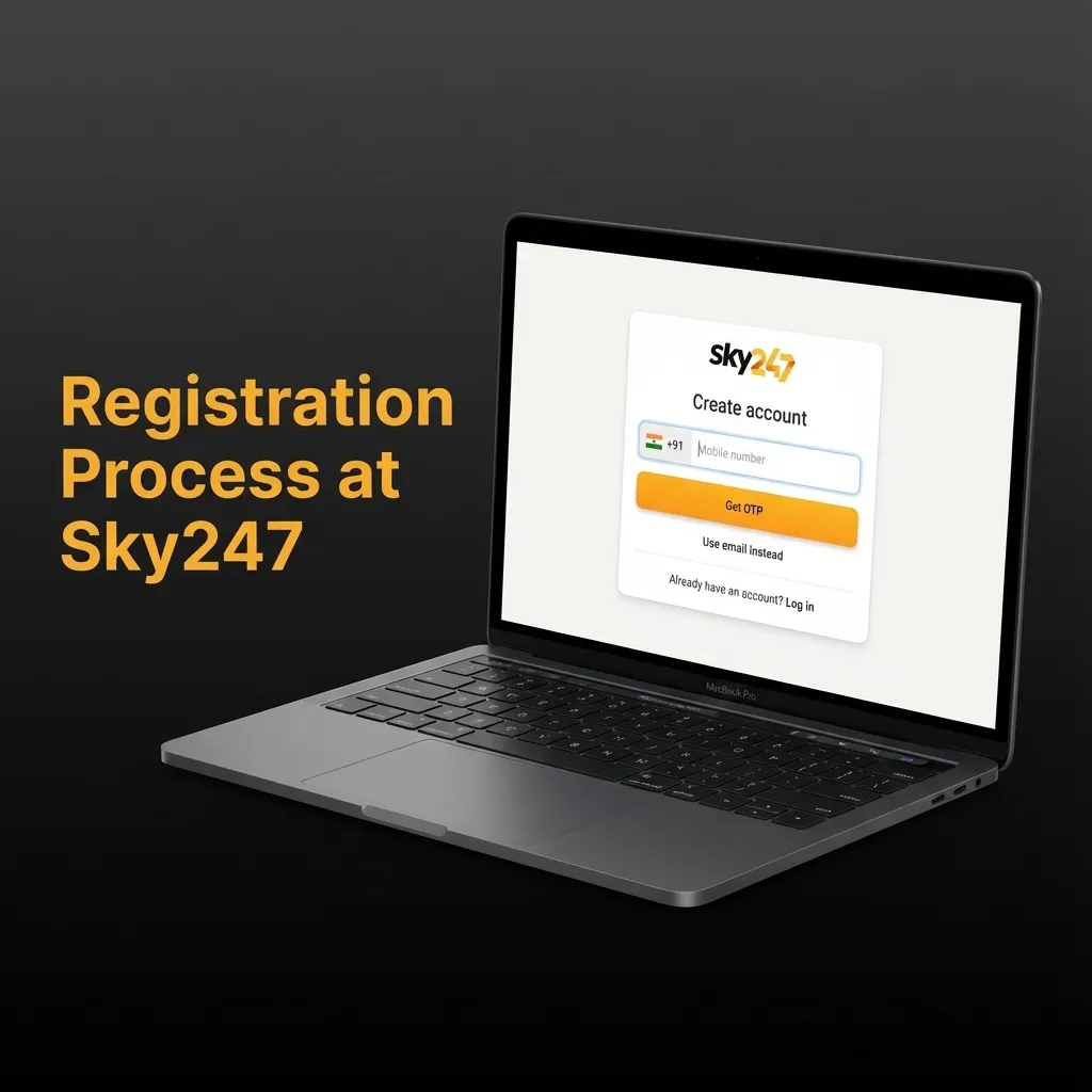 Illustrated Sky247 signup steps showing form fields, contact verification, KYC details, and INR deposit methods for new bettors