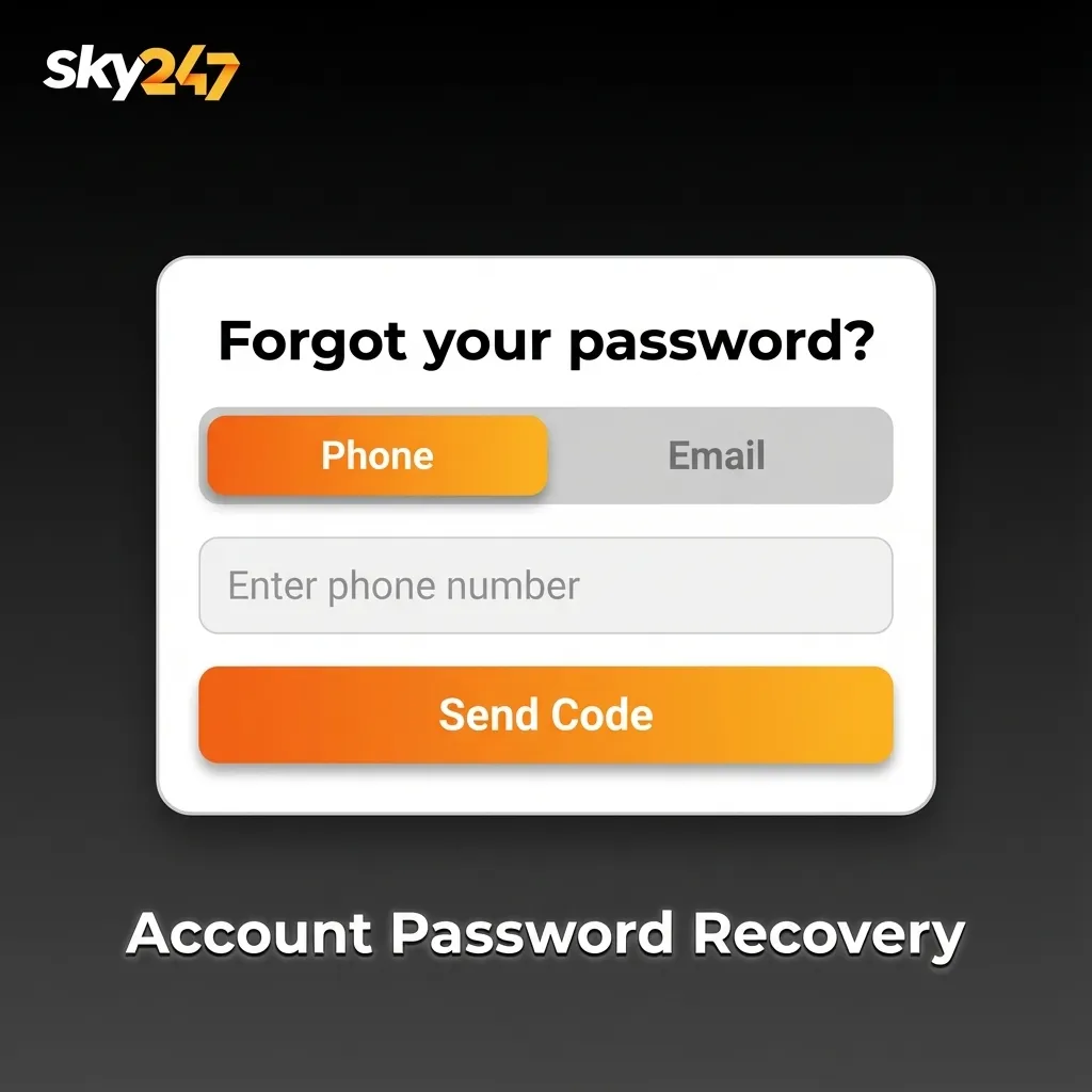 Illustration of Sky247 password recovery steps on a login screen, highlighting mobile, email, OTP, and secure new password.