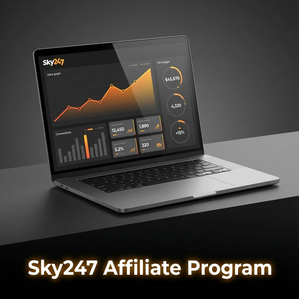 Illustration promoting the Sky247 affiliate program for Indian partners, with dashboards, banners, and commission earnings visuals