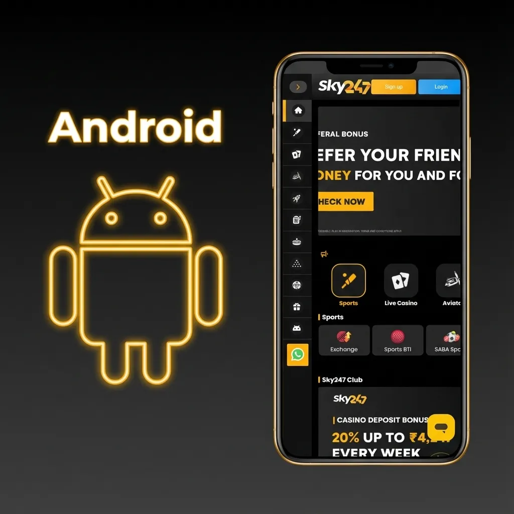 Illustration of a user installing the Sky247 India Android APK on a modern smartphone, following step-by-step instructions