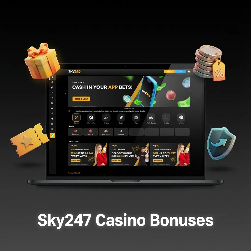Sky247 Casino bonuses banner highlighting daily reload, cashback, weekend boosts, and free spins offers