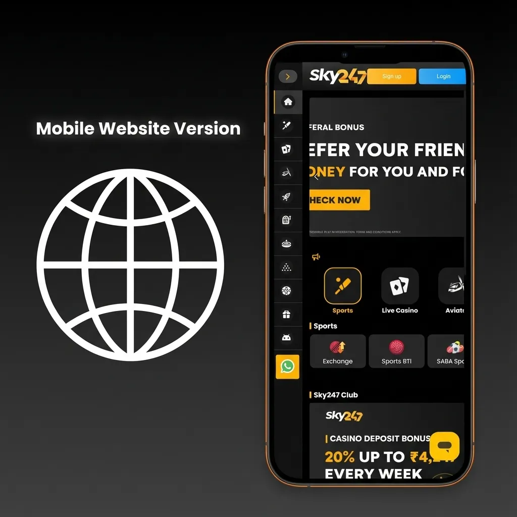 Person using Sky247 mobile website on smartphone, showing sports bets, slots, and account menu in a touch-friendly layout