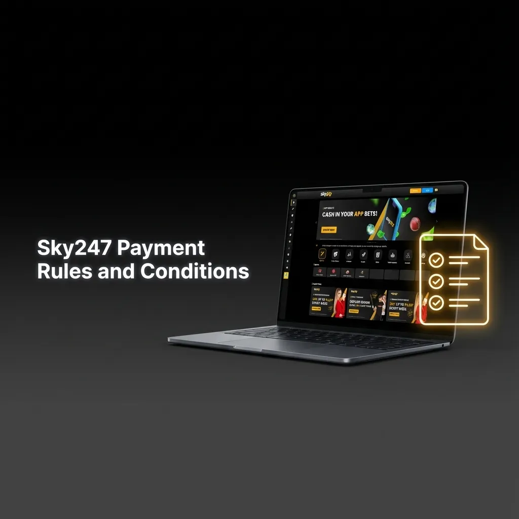 Infographic listing Sky247 India payment rules for deposits, withdrawals, KYC verification, same-name accounts, and wagering conditions