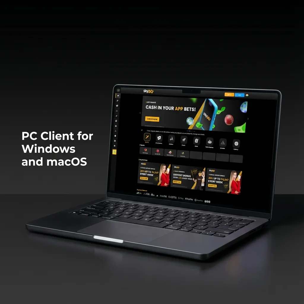 Sky247 website on a desktop browser, highlighting live betting, stats, and full casino games without a separate PC client