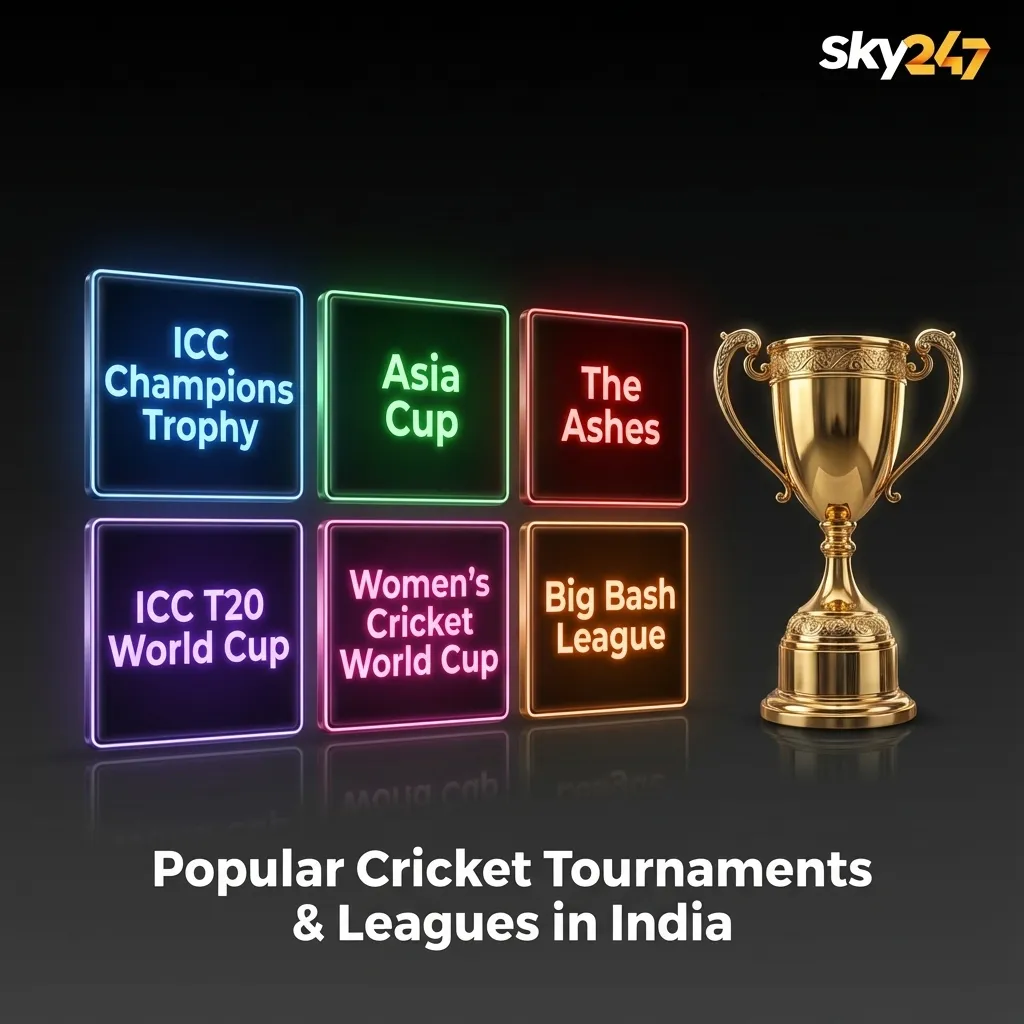 Graphic listing major cricket tournaments like IPL, World Cups, Tests, Ashes, BBL, CPL and Asia Cup for Indian bettors