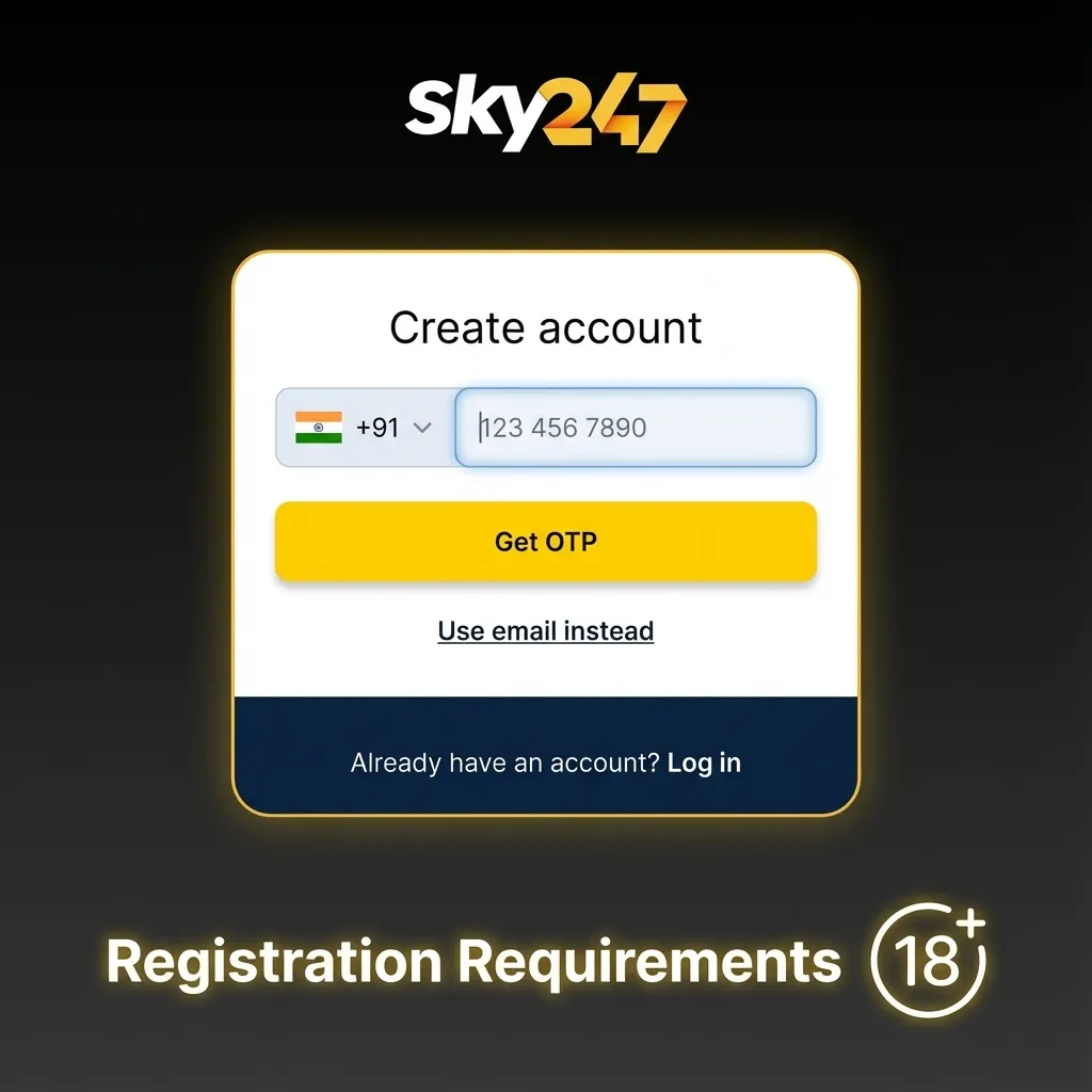 Graphic listing Sky247 registration rules: age 18+, Indian ID, mobile, email, KYC documents, one account, own payment method.