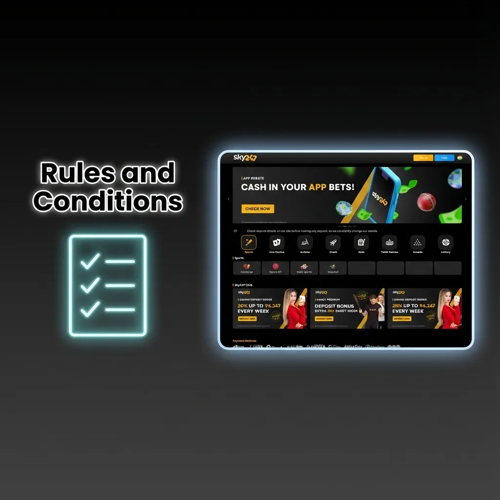 Sky247 rules screen highlighting age limits, one account policy, bonus conditions, fraud checks, and KYC for withdrawals