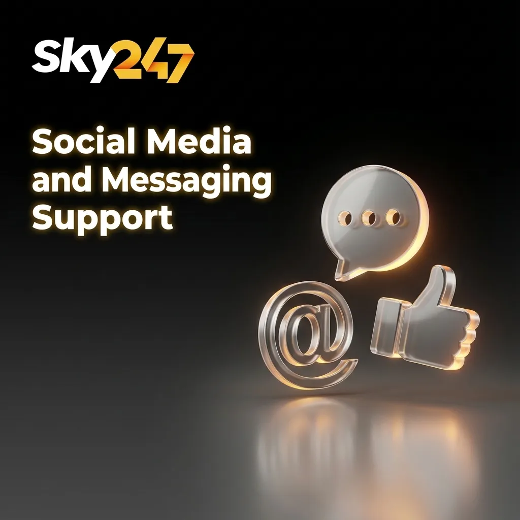 Illustration of a phone showing WhatsApp, Telegram, and social icons for contacting Sky247 customer support