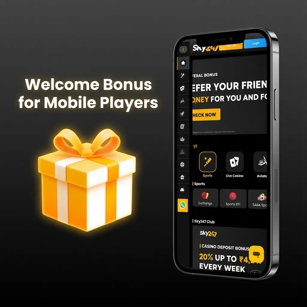 Sky247 mobile welcome bonus ad showing 24% cashback up to ₹10,247 for new Indian players on early net losses.