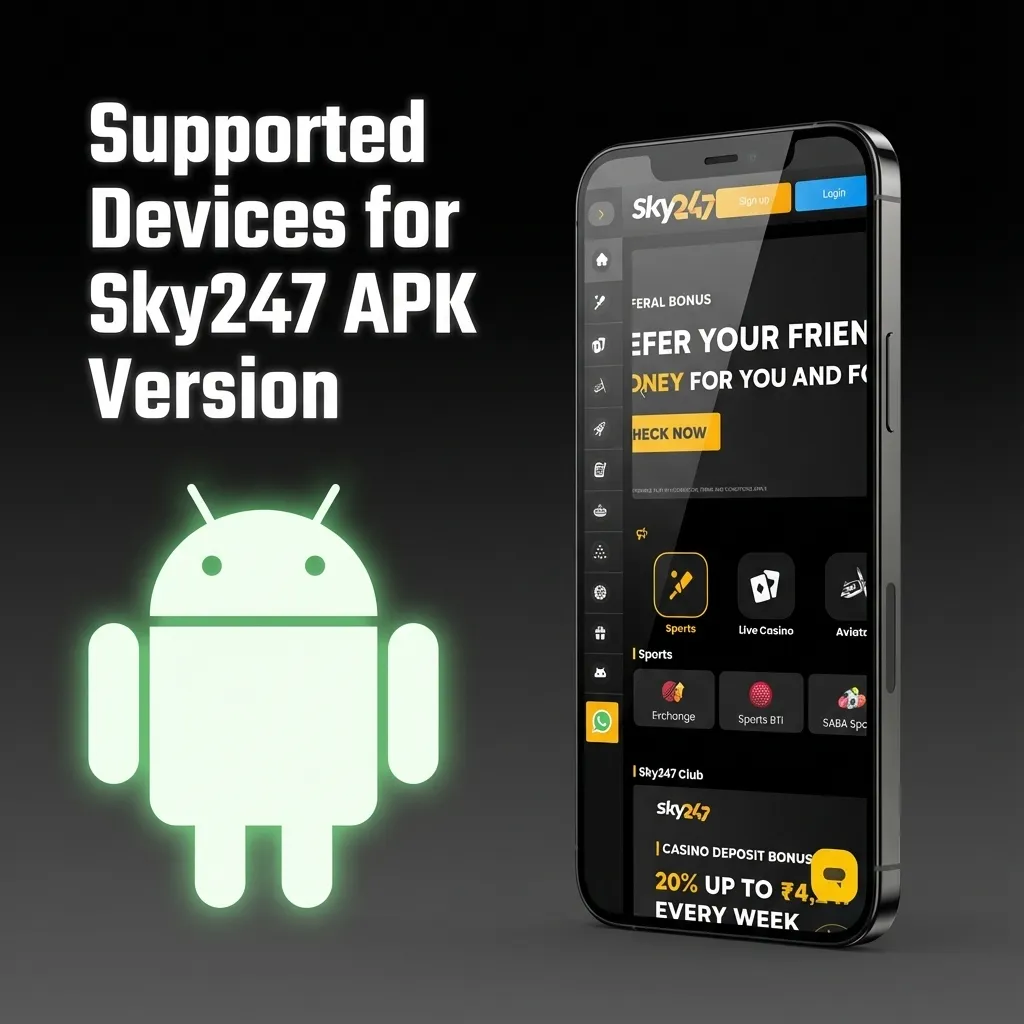 Chart listing Android brands and models compatible with the Sky247 APK, including Samsung, OnePlus, Oppo, and Pixel.