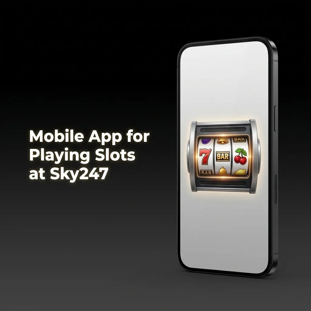 Smartphone screen showing Sky247 slots app lobby with slot tiles, navigation menu and bet controls visible.