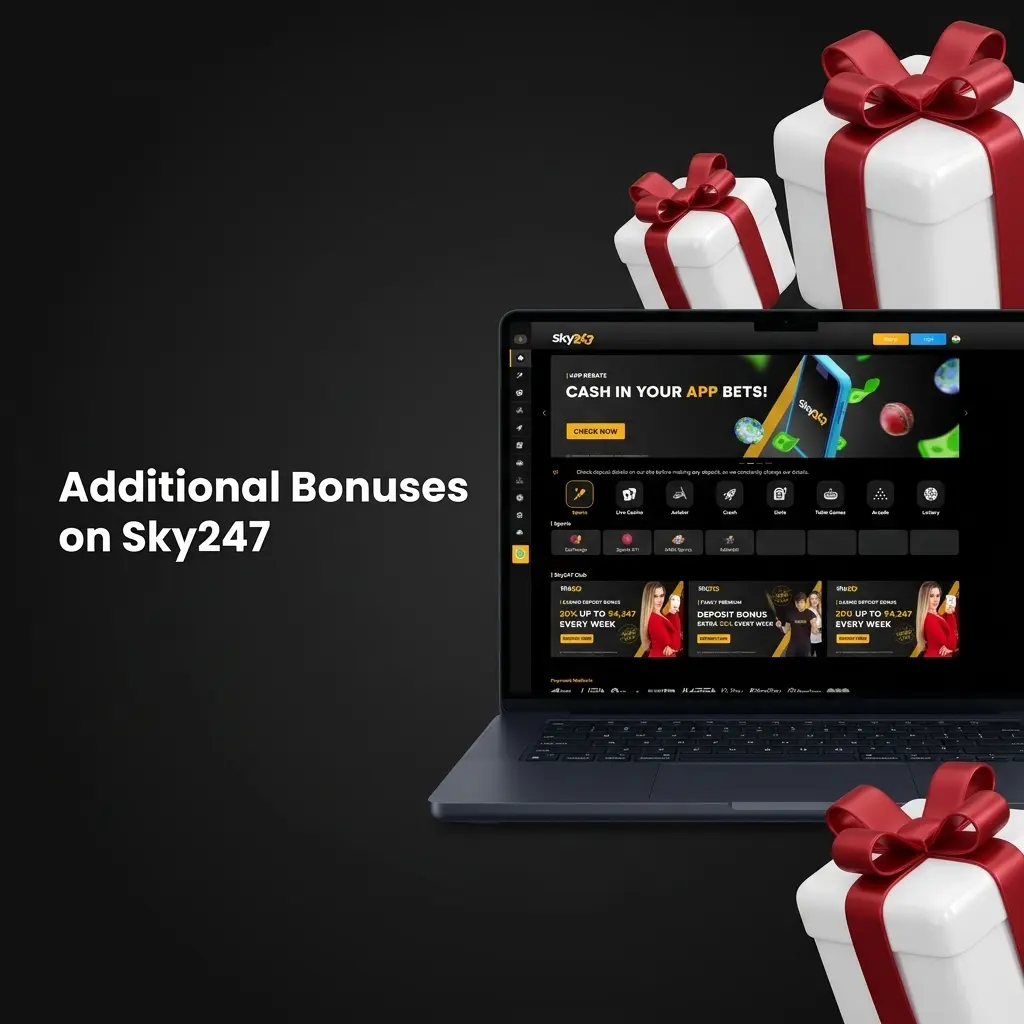 Sky247 additional bonuses including weekly reload, referral, cashback, IPL specials, and lucky draw promotions for Indian players