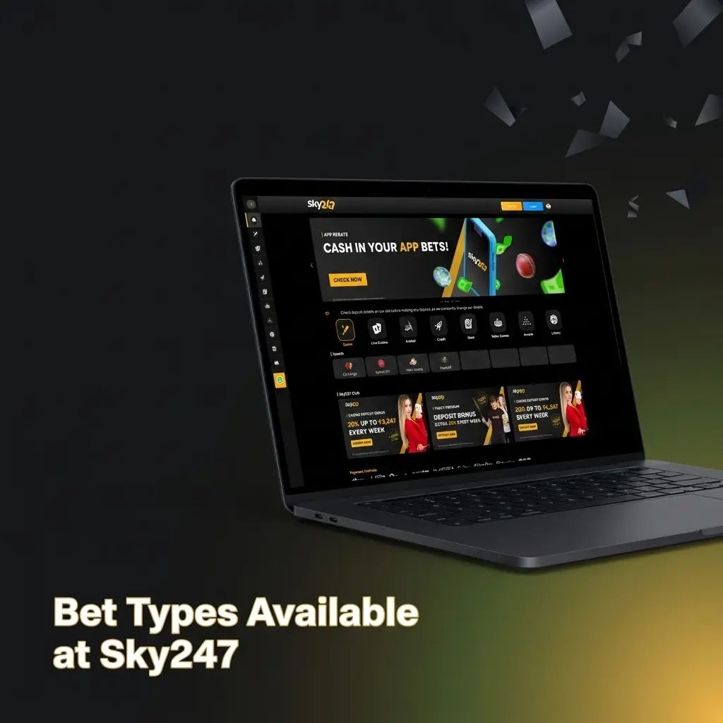 Sky247 bet types including singles, accumulators, handicap, over/under, system bets, and live in-play wagering options