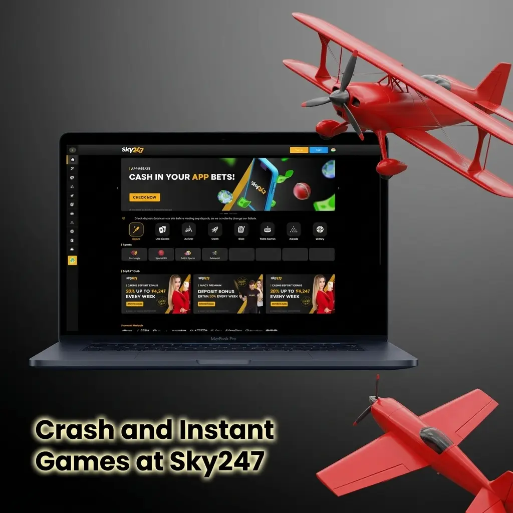 Sky247 crash and instant games including Aviator, JetX, and Mines with multipliers and RTP details for India players