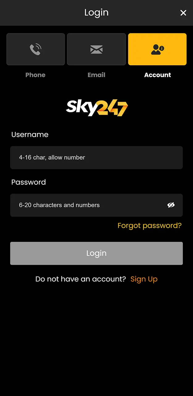 Enter your login details to securely access your account on Sky247.
