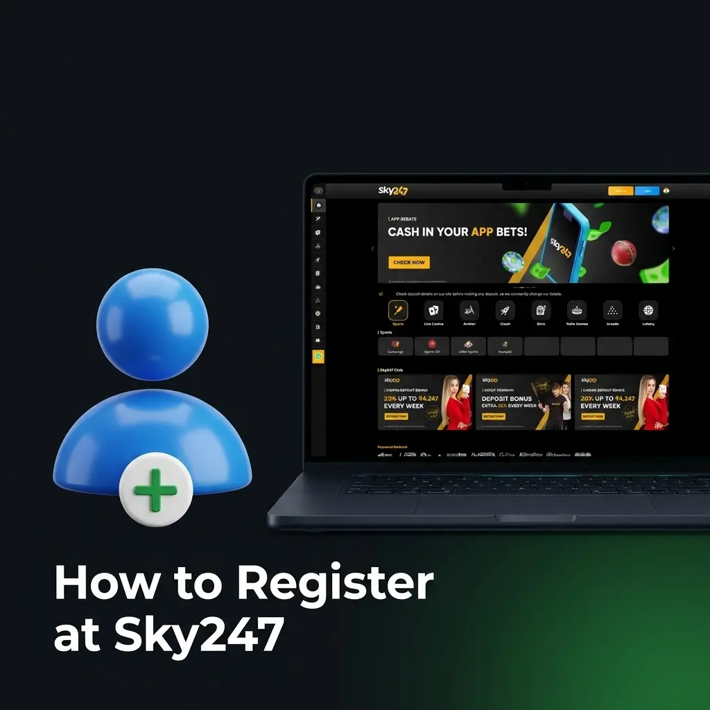 Sky247 registration and login steps for India players showing sign-up form, KYC verification, and account access guide
