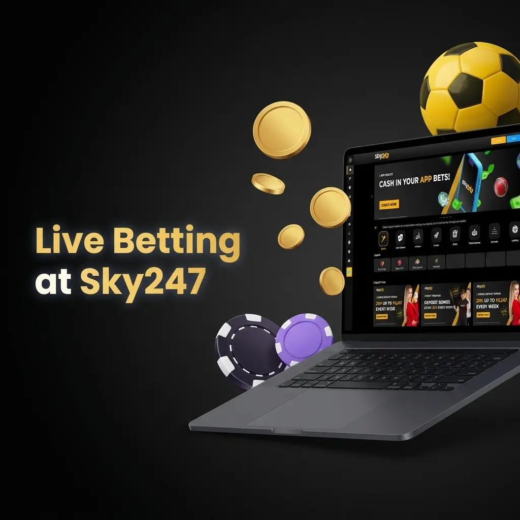 Sky247 live betting interface showing in-play odds, live scoreboard, and real-time stats for cricket and football events