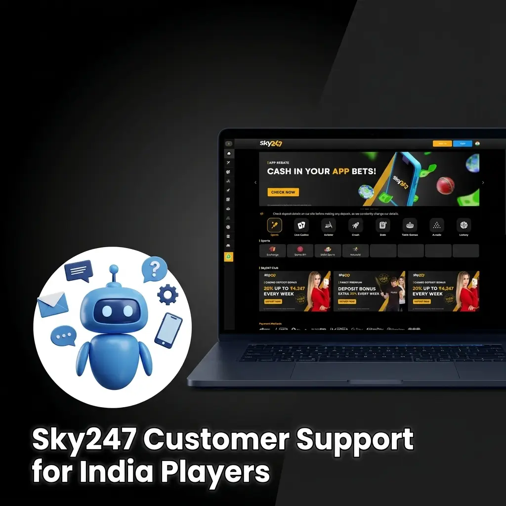 Sky247 customer support channels for India players including live chat, email, Telegram, and WhatsApp contact options