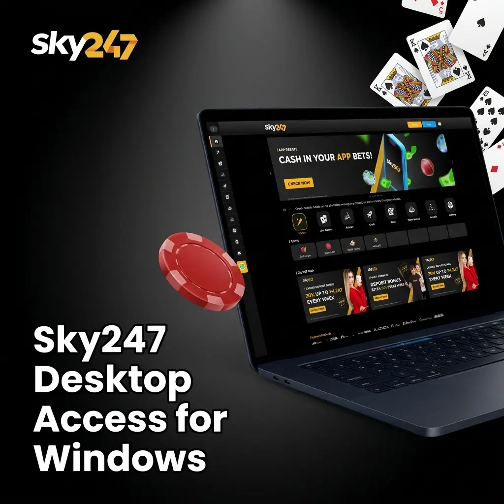 Sky247 desktop access on Windows PC via browser showing login, sportsbook, casino, and cashier features