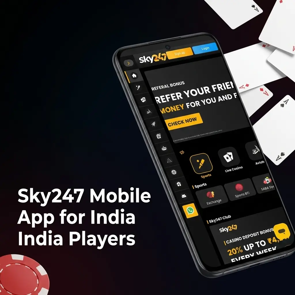Sky247 mobile app for Indian players showing Android APK and iOS PWA options with live betting and casino features